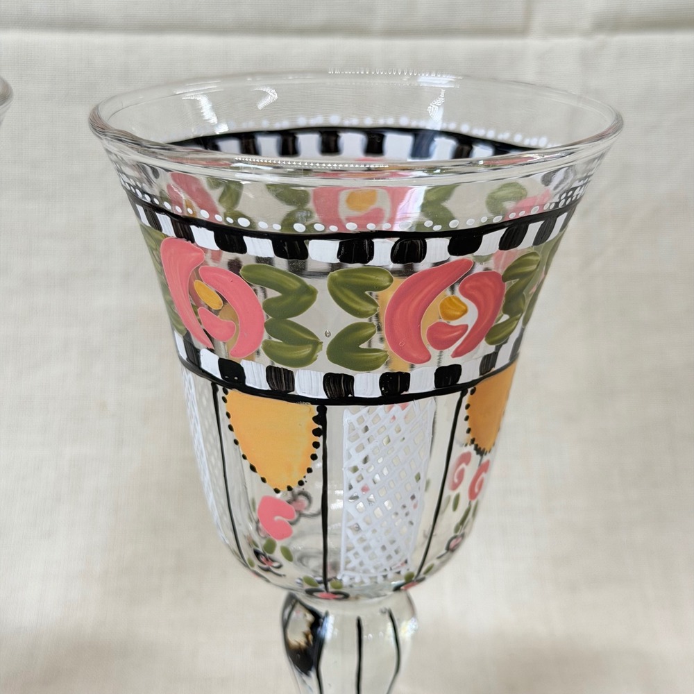 Vintage Mary Engelbreit Hand Painted Wine Goblets Pair Colorful Floral Glasses - Picture 7 of 8